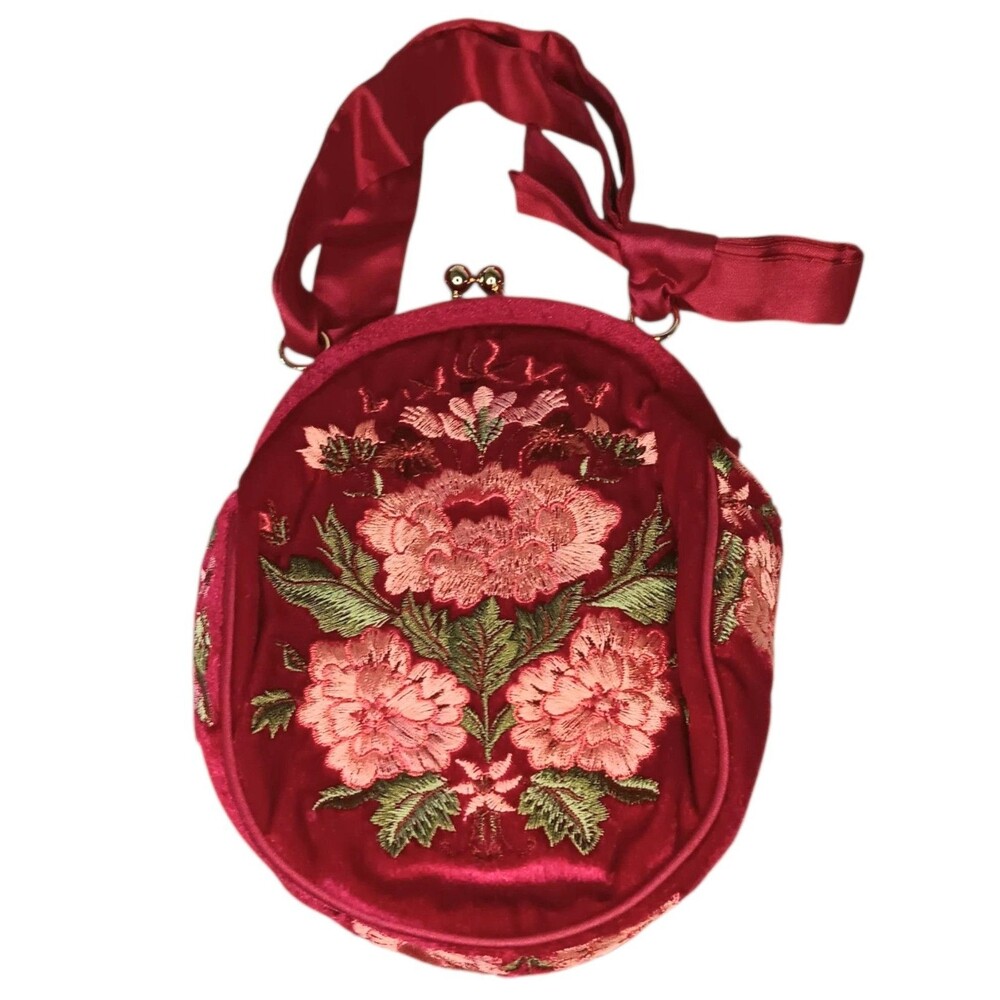 Red Velvet Purse With Pink Flowers By Preston & York 7.5"x5.5" Cocktail Holiday